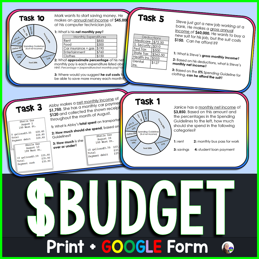 Budget Task Cards Personal Finance Budgeting Activity