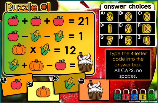 Fall Logic Picture Puzzle Equations Digital Math Escape Room Activity