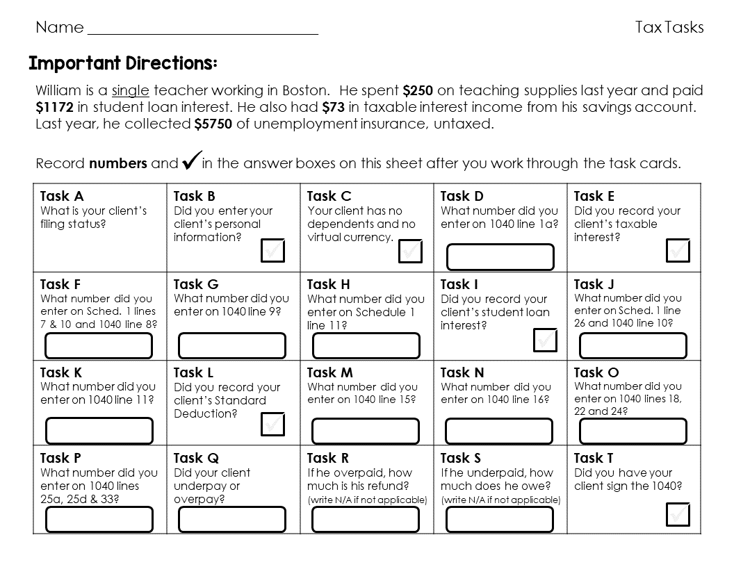 Tax Task Cards - Federal Income Taxes 1040 Activity