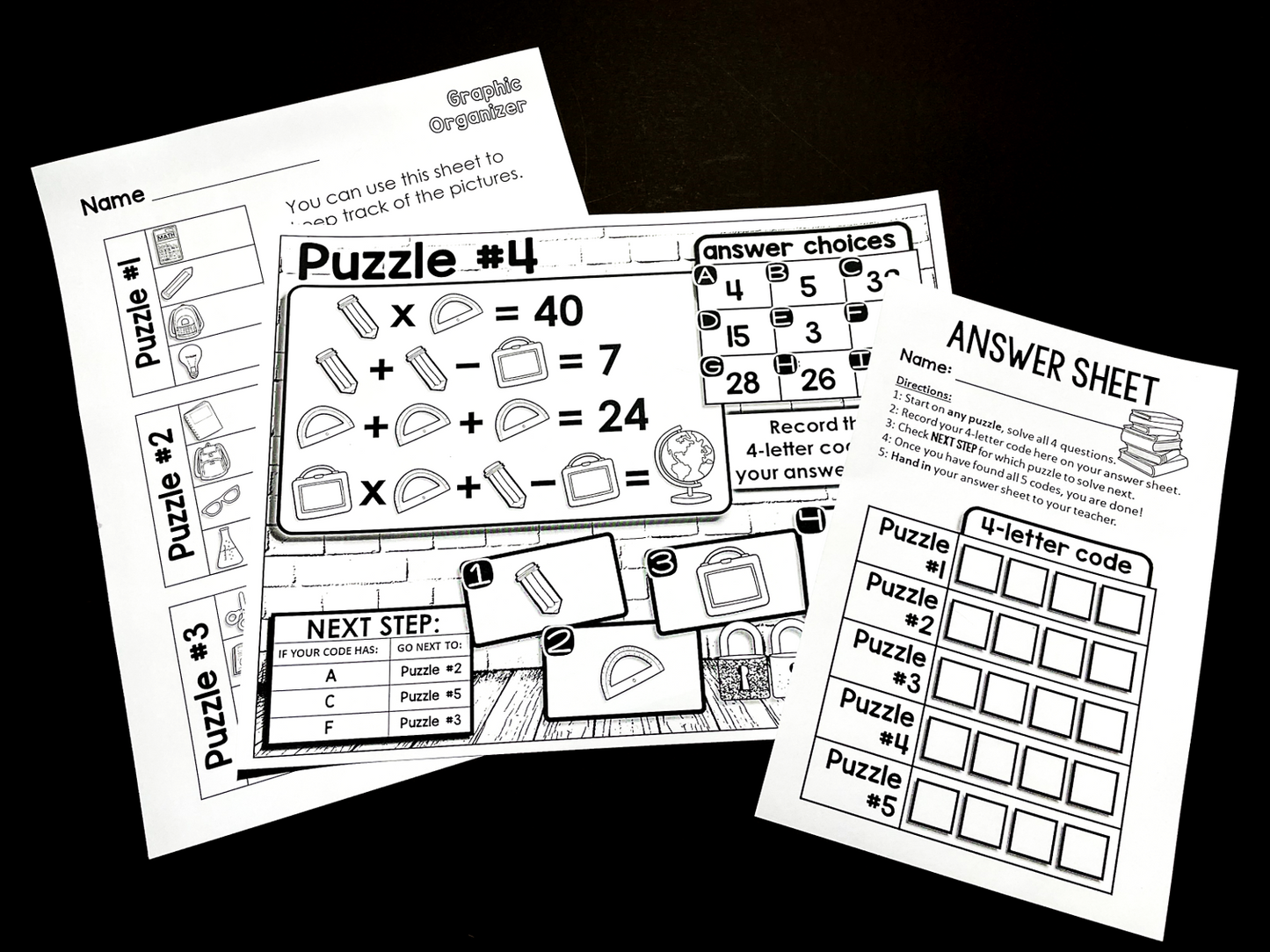 Back to School Picture Puzzles Digital Math Escape Room Activity