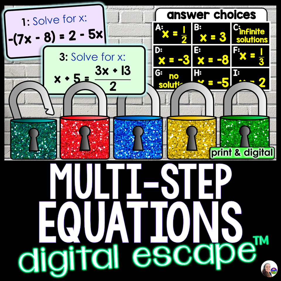 Multi-Step Equations Variables on Both Sides Digital Math Escape Room