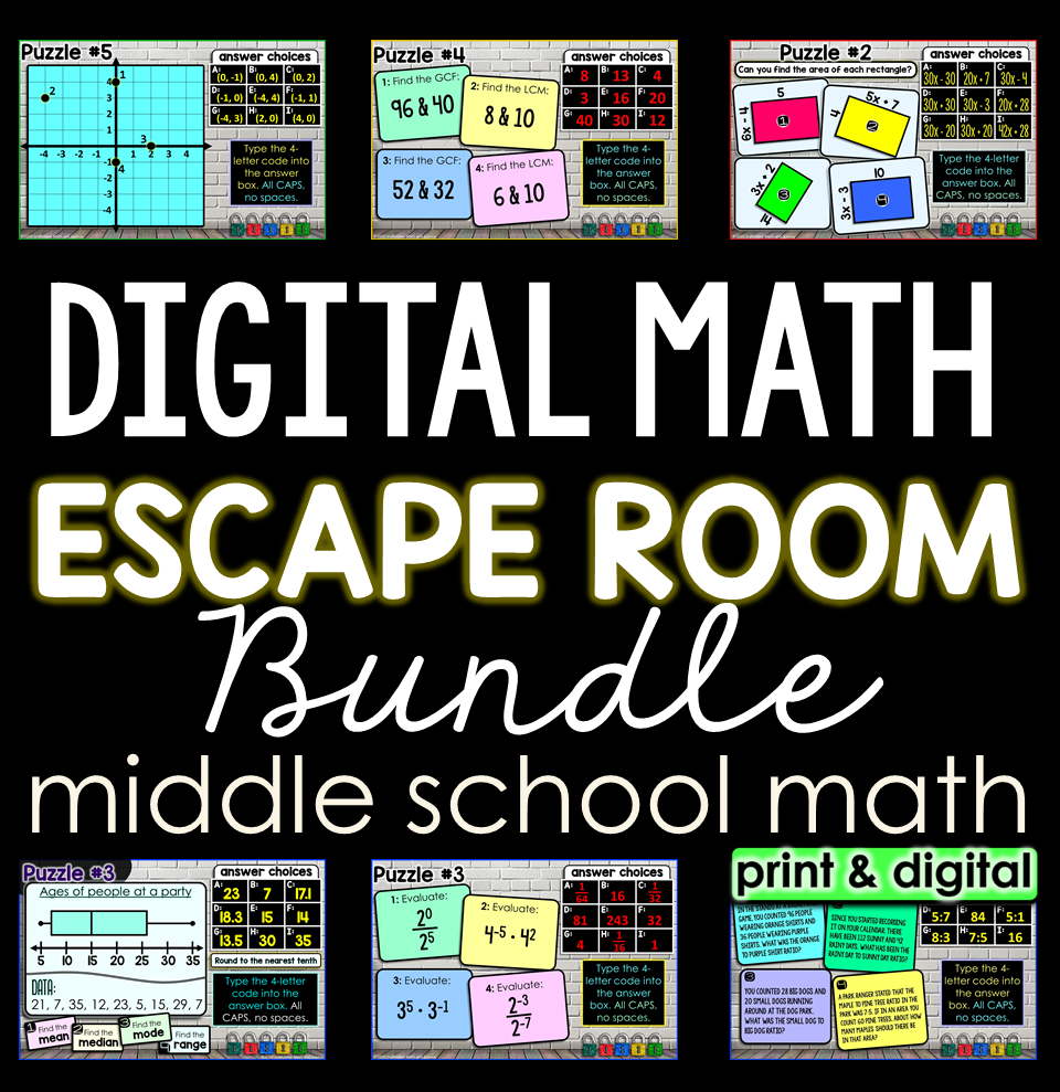 Middle School Digital Math Escape Room Activity Bundle 6th 7th 8th Grade