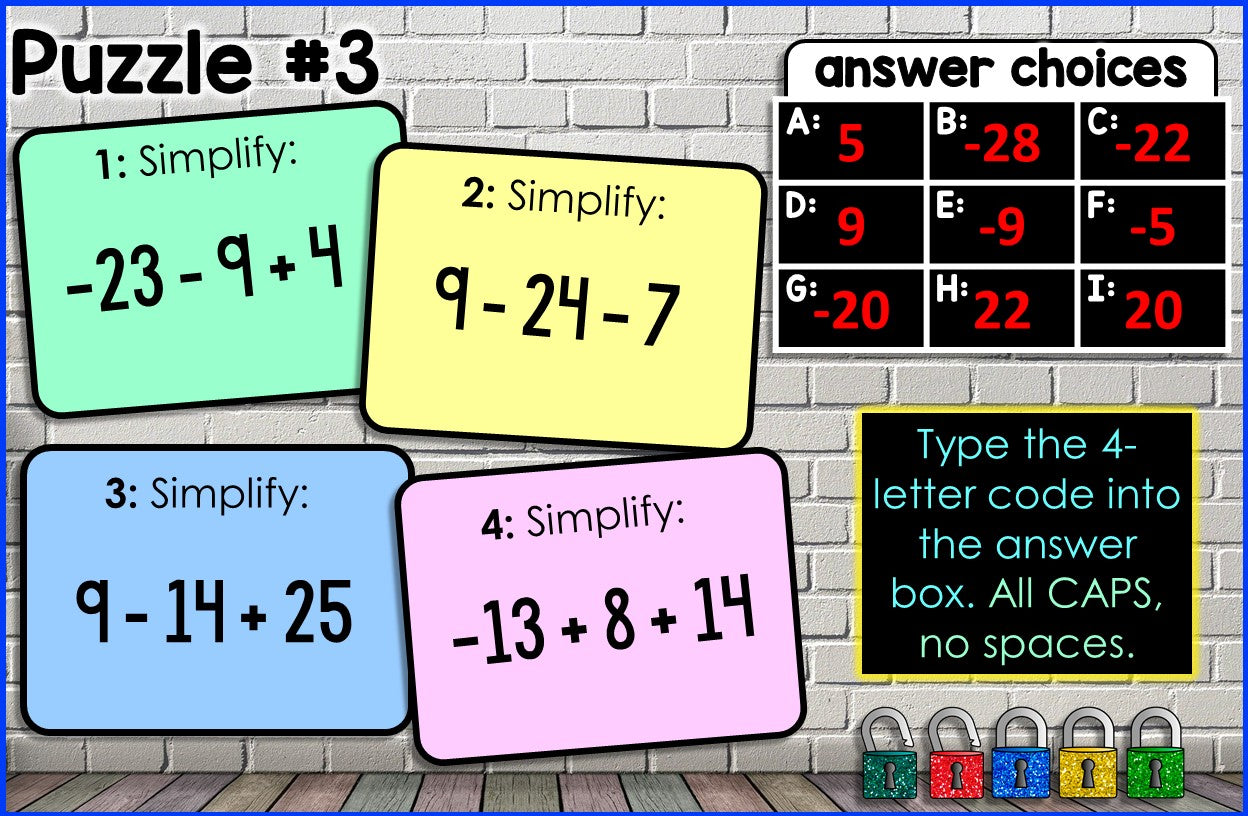 Adding and Subtracting Integers Digital Math Escape Room