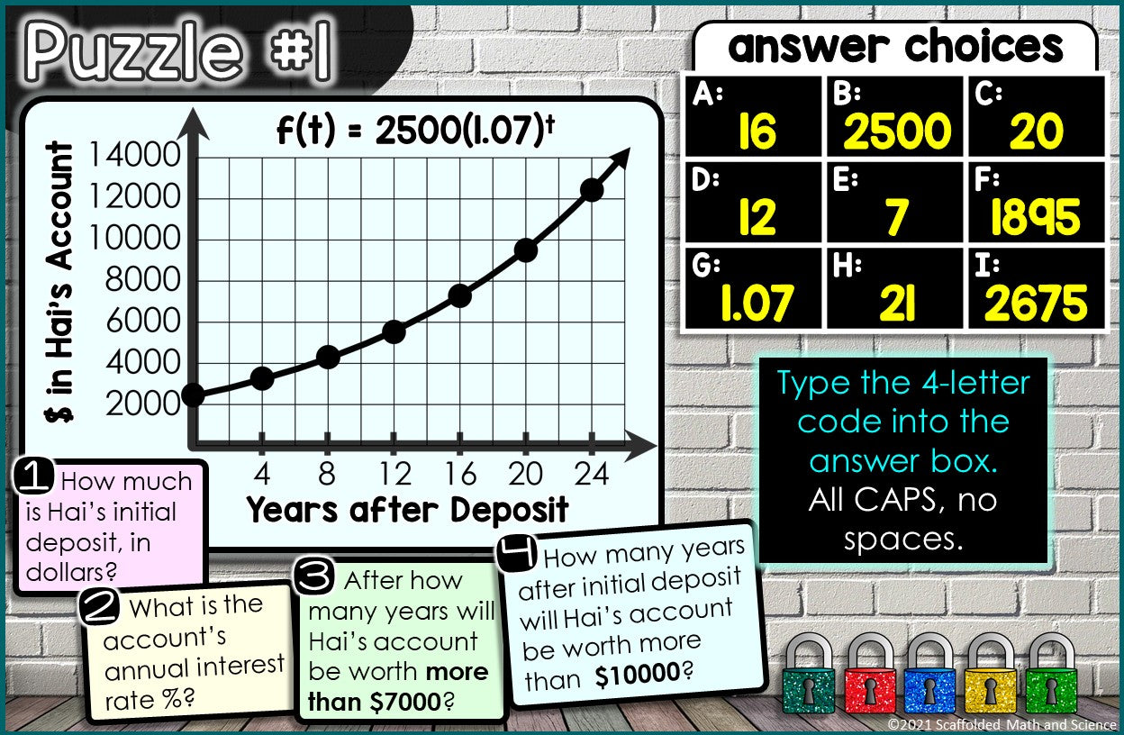 Exponential Growth and Decay Digital Math Escape Room Activity