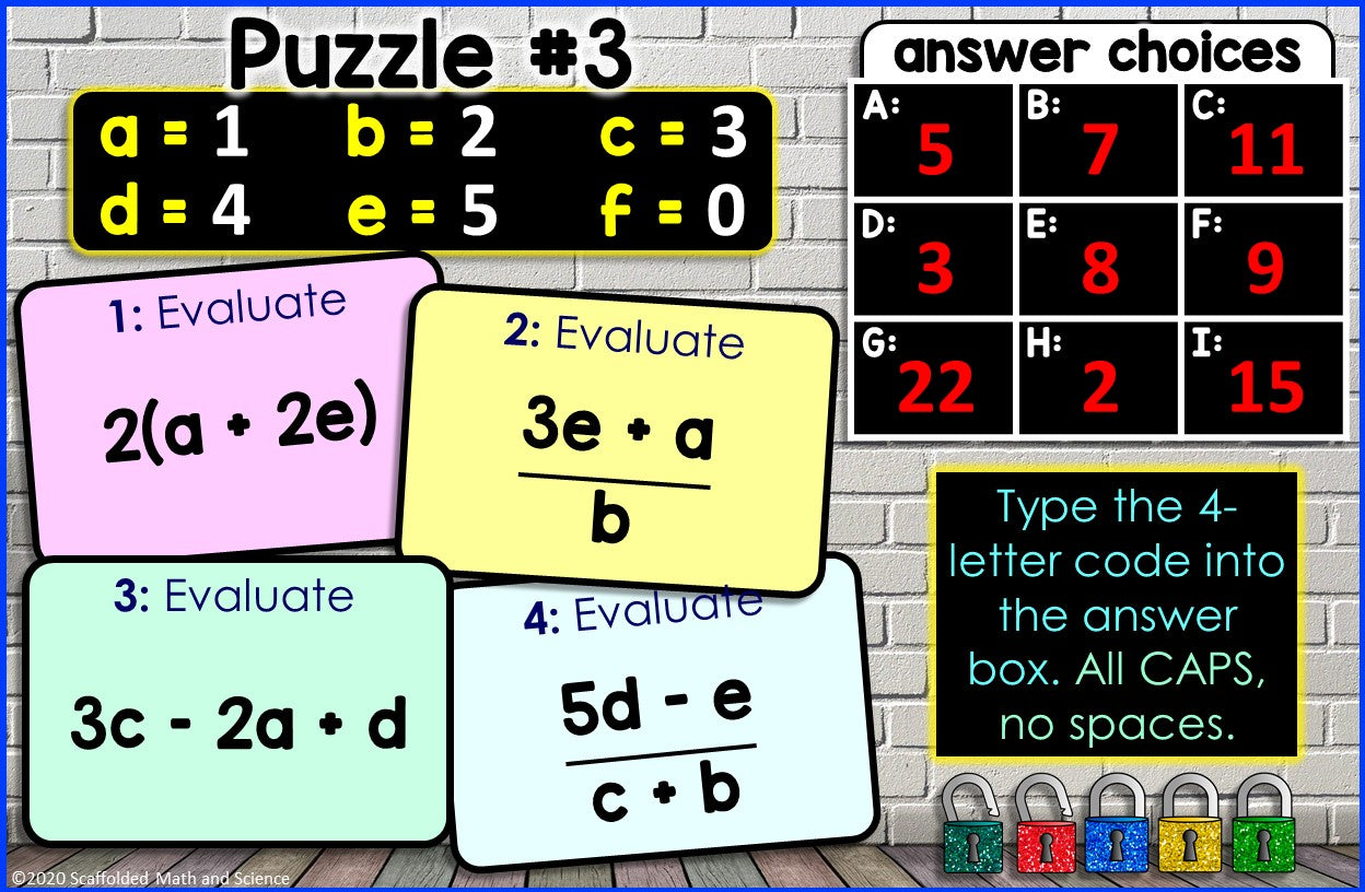 Evaluating Algebraic Expressions Digital Math Escape Room