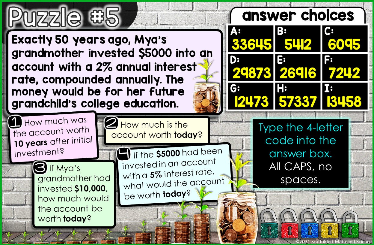 Exponential Growth and Decay Digital Math Escape Room Activity