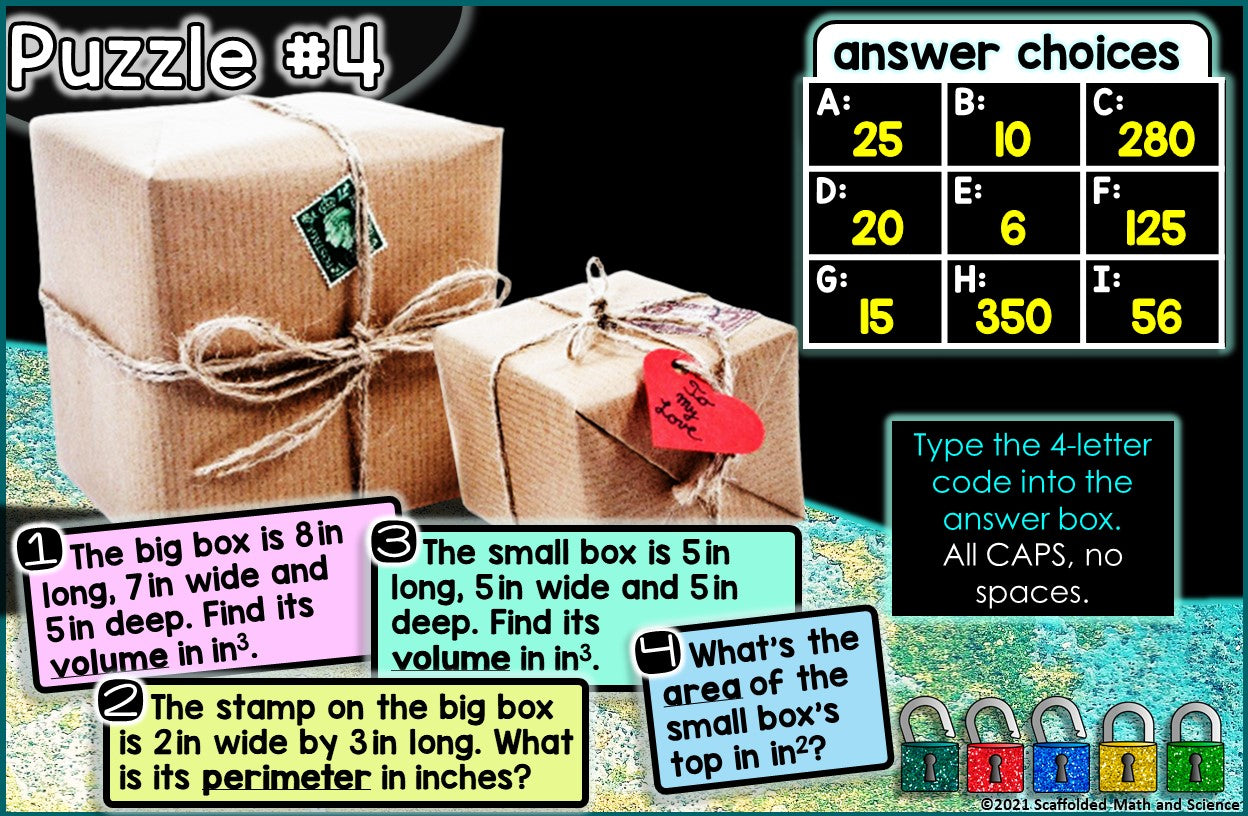 Area, Perimeter and Volume Digital Math Escape Room Activity