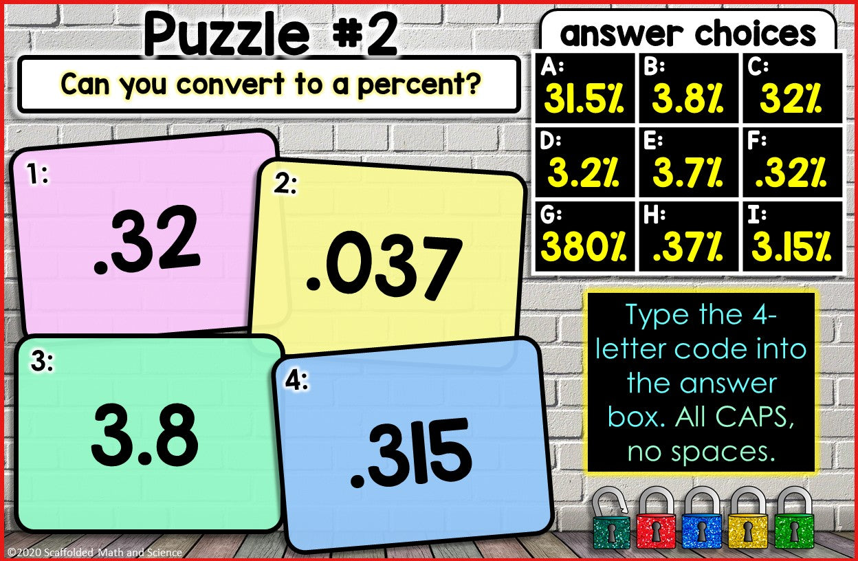 Converting Fractions, Decimals and Percentages Digital Math Escape Room
