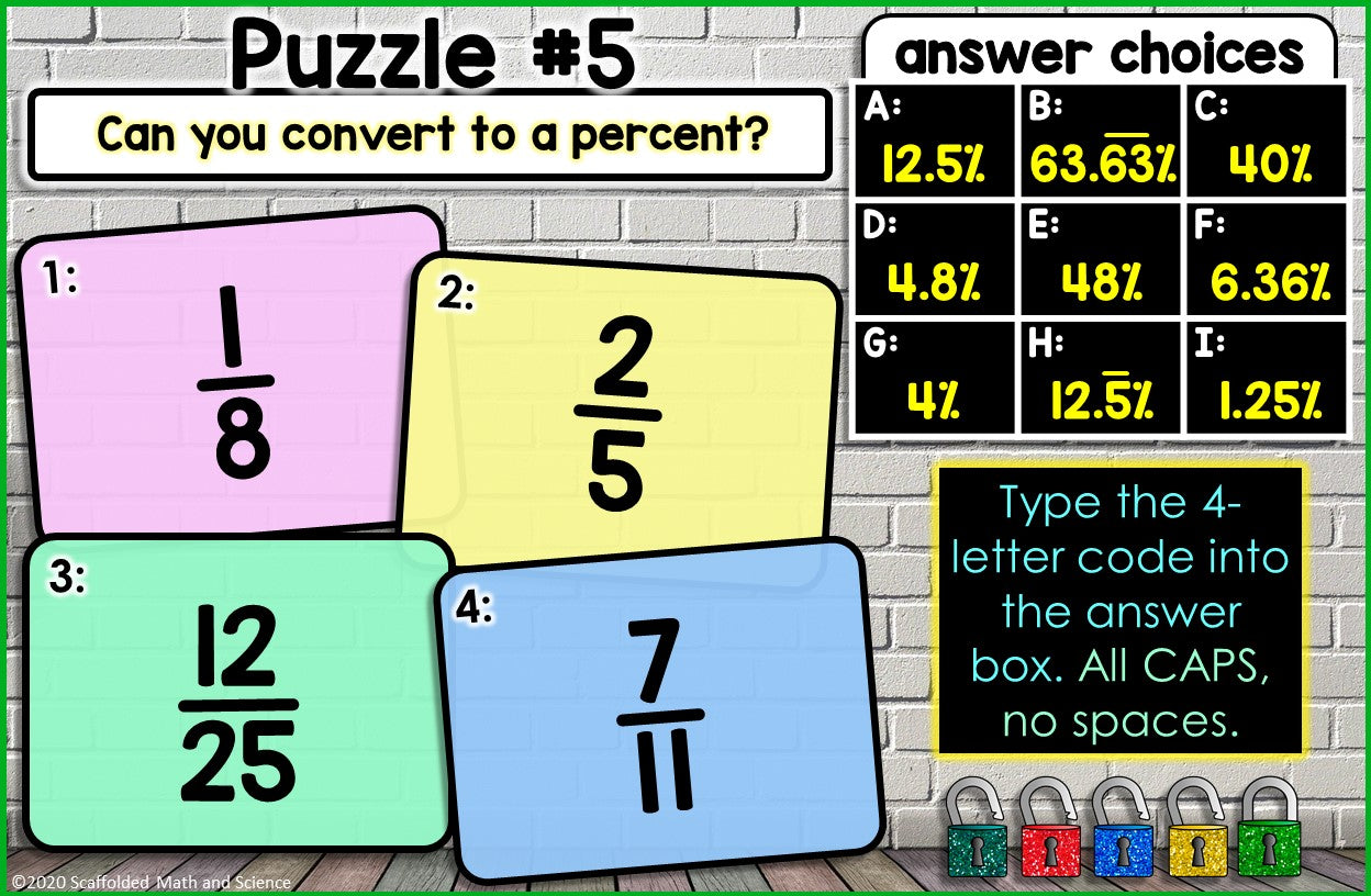 Converting Fractions, Decimals and Percentages Digital Math Escape Room