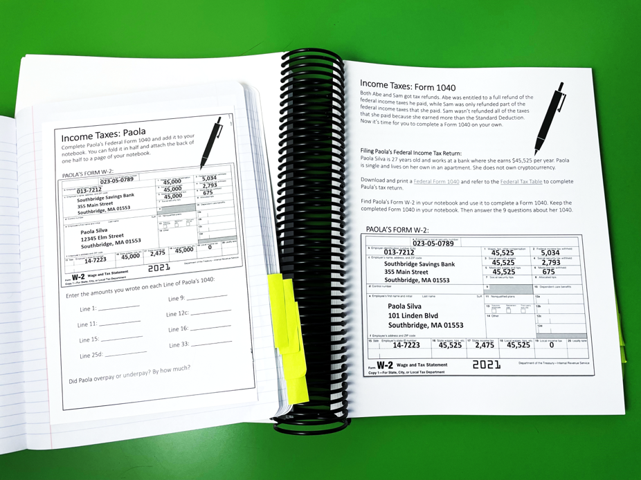 Consumer math curriculum income taxes unit student book compared to student notebook page