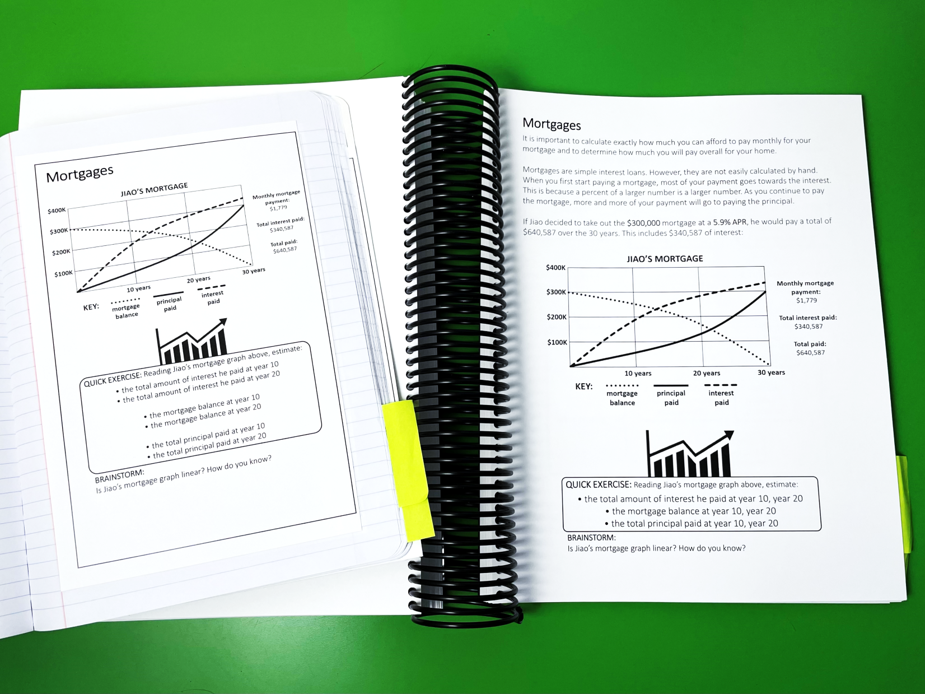 Consumer math curriculum mortgages unit in the student book and student notebook pages