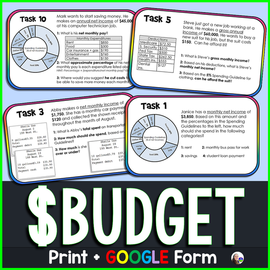 Budget Task Cards Personal Finance Budgeting Activity
