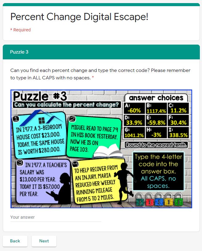 Percent of Change Digital Math Escape Room Activity