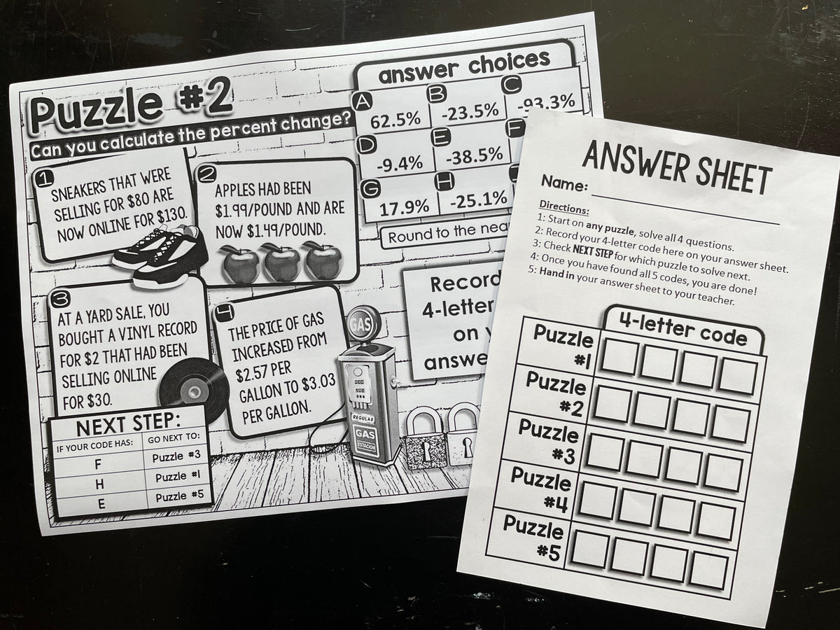 Percent of Change Digital Math Escape Room Activity