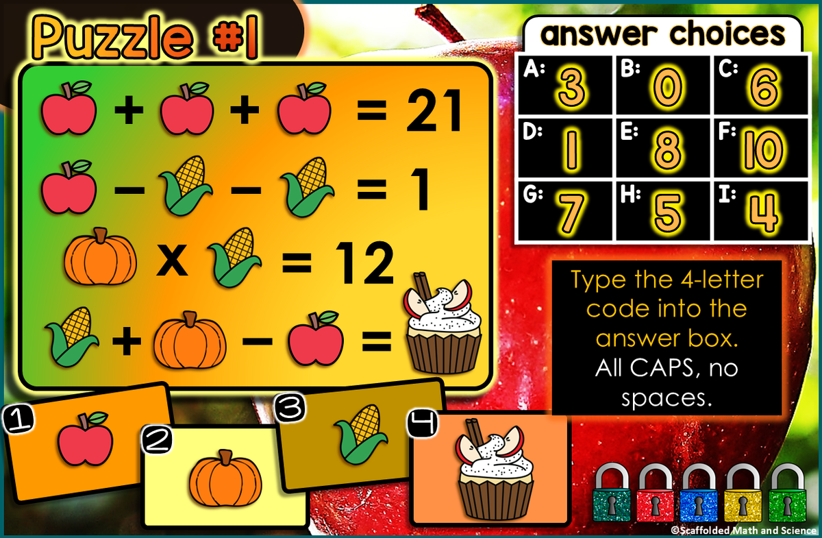 Fall Logic Picture Puzzle Equations Digital Math Escape Room Activity