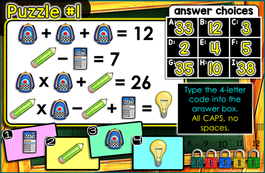 Back to School Picture Puzzles Digital Math Escape Room Activity