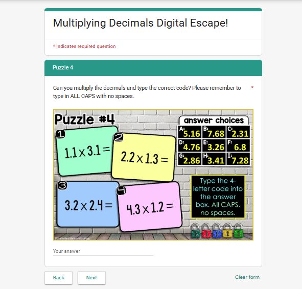 Multiplying Decimals 5th Grade Digital Math Escape Room