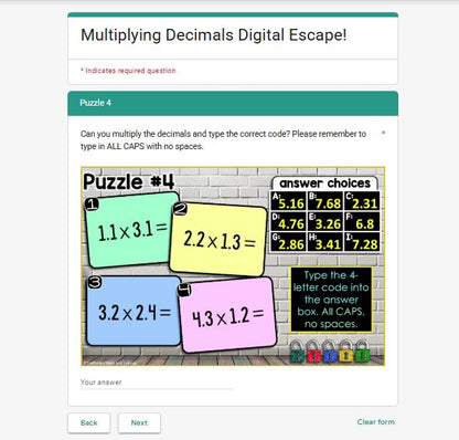 Multiplying Decimals 5th Grade Digital Math Escape Room