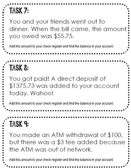 Balancing a Checkbook Financial Literacy Activity