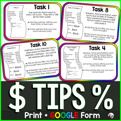 Calculating Tips {Gratuity} Task Cards Activity