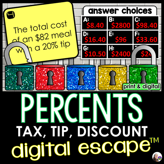 Percent Sales Tax, Tip, Discount Digital Math Escape Room