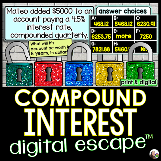 Compound Interest Financial Literacy Digital Algebra Escape Room Activity