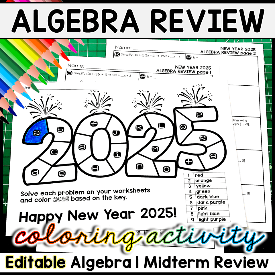 Editable New Years 2025 Algebra 1 Midterm Review Coloring Activity