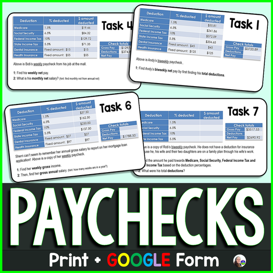 Paycheck Task Cards Financial Literacy Activity