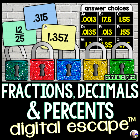 Converting Fractions, Decimals and Percents Digital Math Escape Room Activity