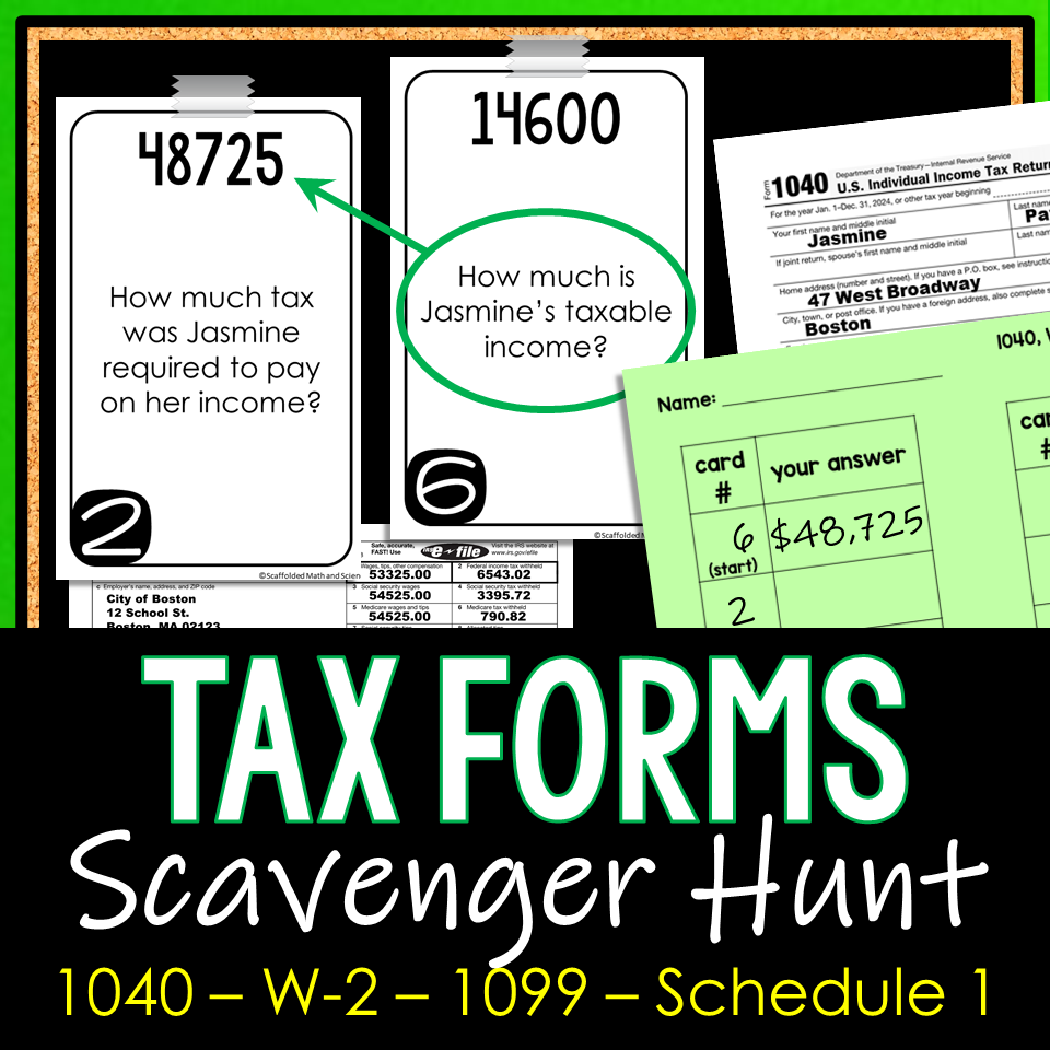 Tax Forms 1040, W-2, 1099, Schedule 1 Consumer Math Scavenger Hunt Activity