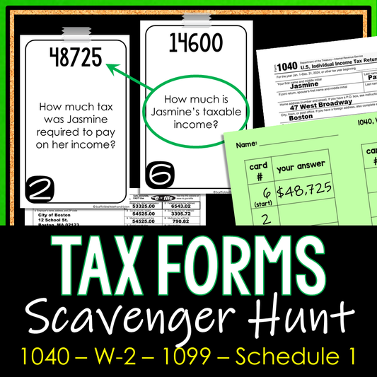 Tax Forms 1040, W-2, 1099, Schedule 1 Consumer Math Scavenger Hunt Activity