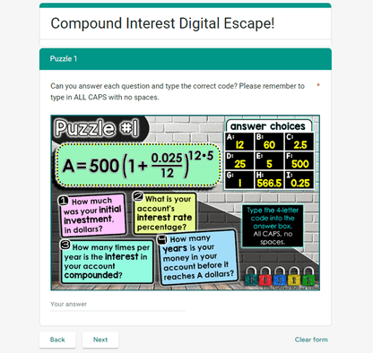 Compound Interest Financial Literacy Digital Algebra Escape Room Activity