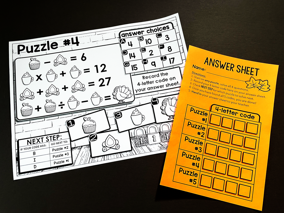 Fall Logic Picture Puzzle Equations Digital Math Escape Room Activity