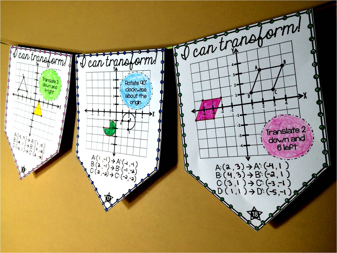 Geometric Transformations 4 QUADRANTS 8th Grade Math Pennant Activity