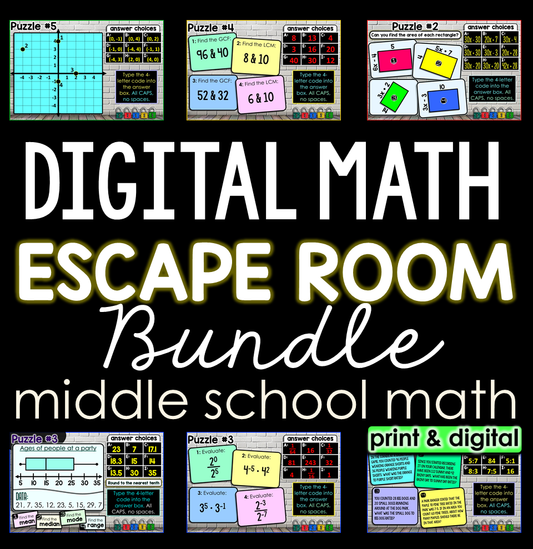 Middle School Digital Math Escape Room Activity Bundle 6th 7th 8th Grade