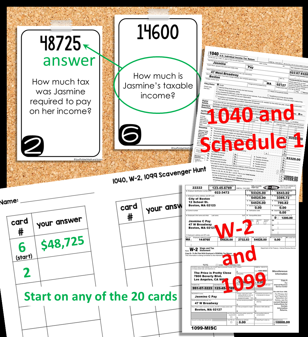 Tax Forms 1040, W-2, 1099, Schedule 1 Consumer Math Scavenger Hunt Activity