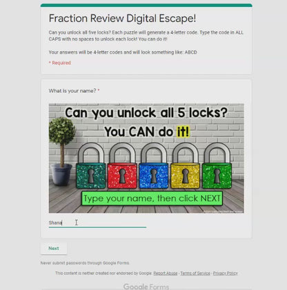 Fraction Review Digital Math Escape Room