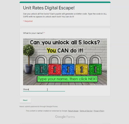 Unit Rates Digital Math Escape Room