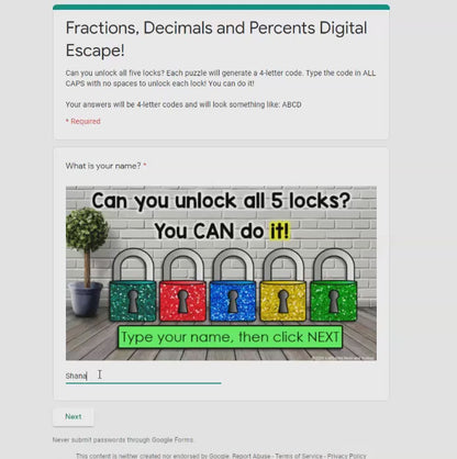 Converting Fractions, Decimals and Percentages Digital Math Escape Room