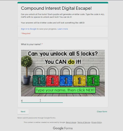 Compound Interest Financial Literacy Digital Algebra Escape Room Activity