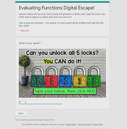 Evaluating Algebraic Functions Digital Math Escape Room