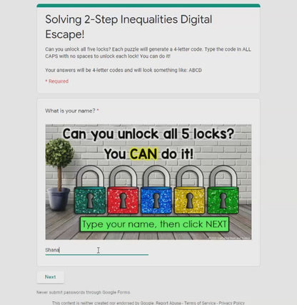 Solving 2-Step Inequalities Digital Math Escape Room