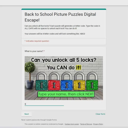 Back to School Picture Puzzles Digital Math Escape Room Activity