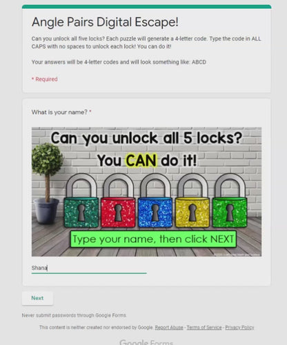 Angle Pair Relationships Digital Math Escape Room Activity