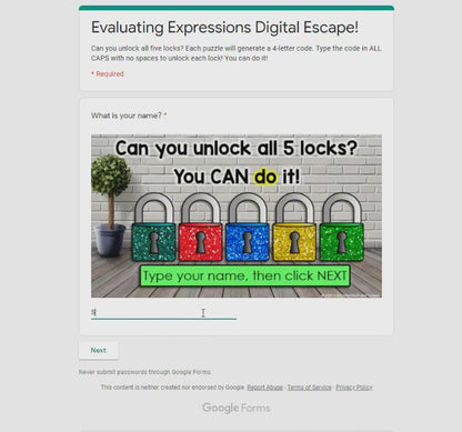 Evaluating Algebraic Expressions Digital Math Escape Room
