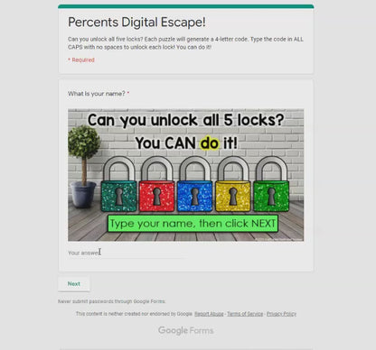 Percent Sales Tax, Tip, Discount Digital Math Escape Room