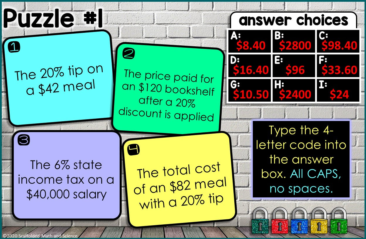 Percent Sales Tax, Tip, Discount Digital Math Escape Room