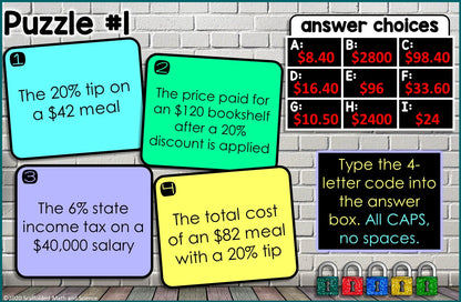 Percent Sales Tax, Tip, Discount Digital Math Escape Room