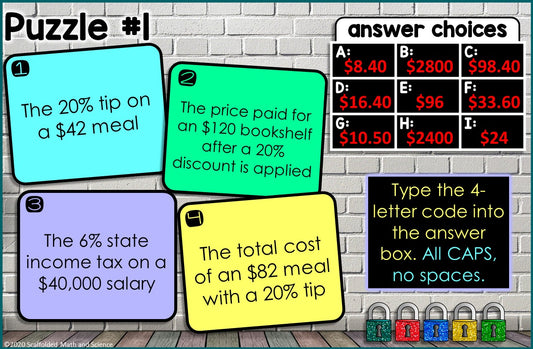 Percent Sales Tax, Tip, Discount Digital Math Escape Room