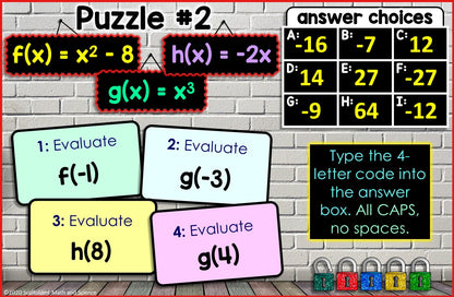 Evaluating Algebraic Functions Digital Math Escape Room